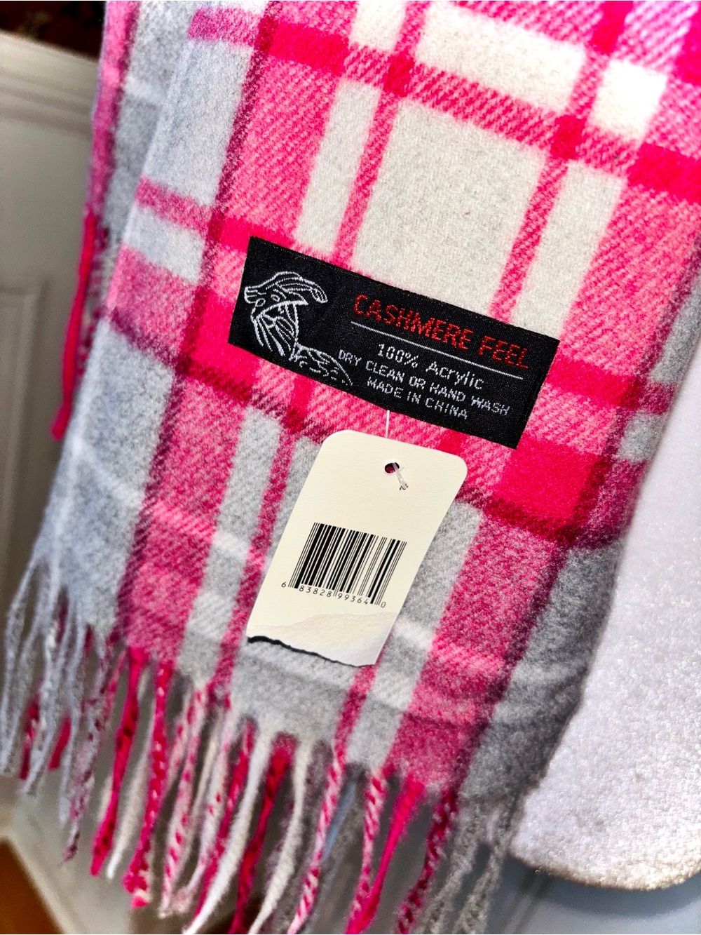 NWT Hot Pink Plaid Fringe Scarf Cashmere Feel Winter Wrap Preppy Coquette - Picture 4 of 7